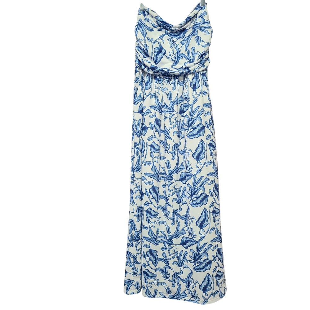 Grace Karin Blue White Tropical Leaf Strapless‎ Maxi Dress Cowl Neck Large